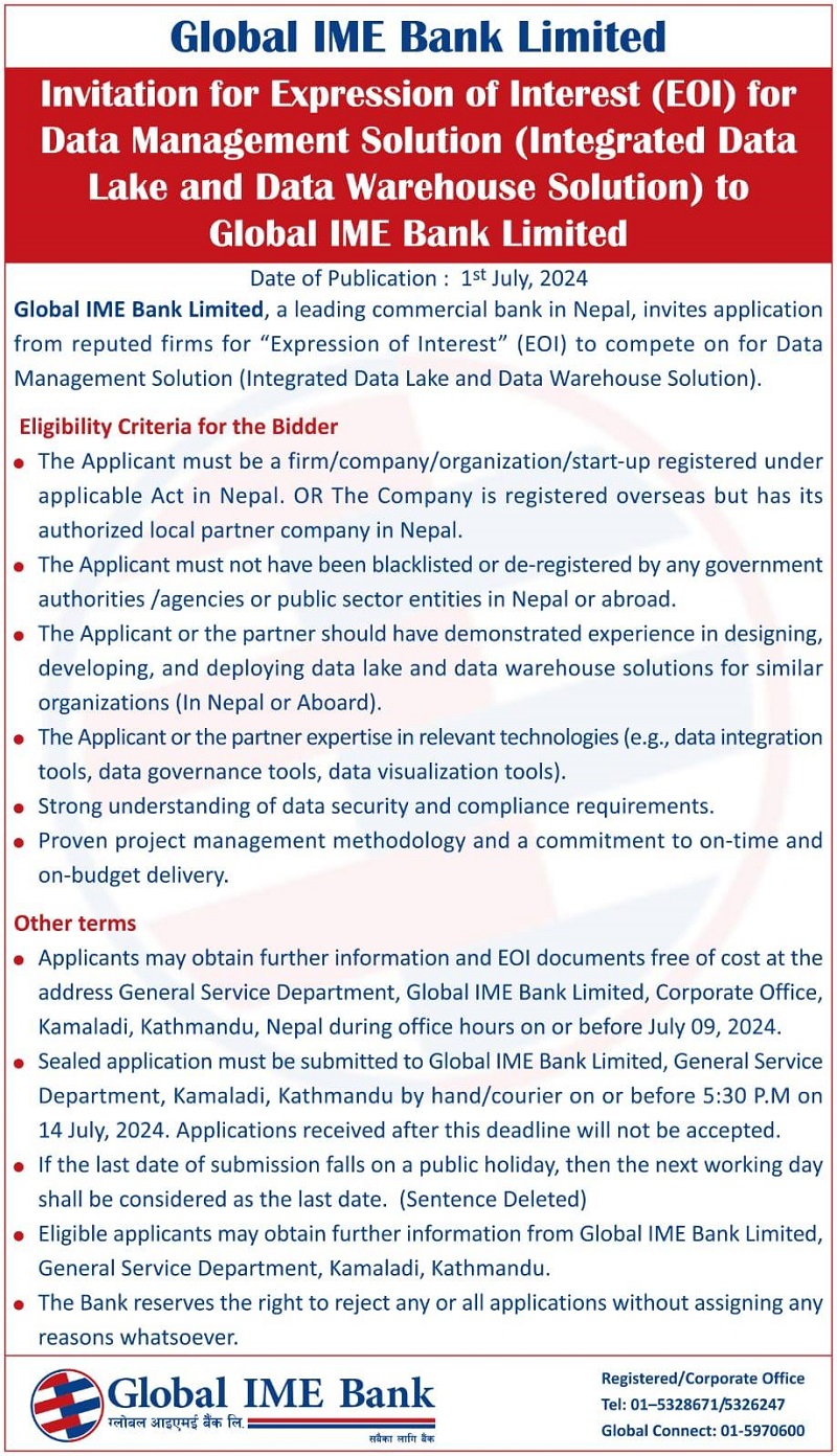 Global IME Bank EOI for Data Management Solution with Integrated Data Lake and Warehouse