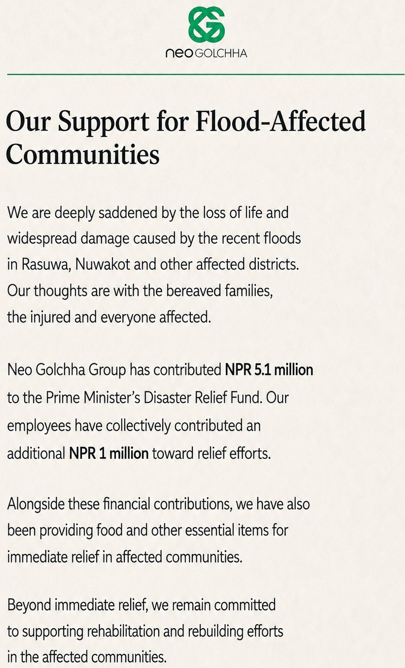 Neo Golchha Group Donates Rs 5.31 Million to Prime Minister’s Disaster Relief Fund for Rasuwa Flood Victims