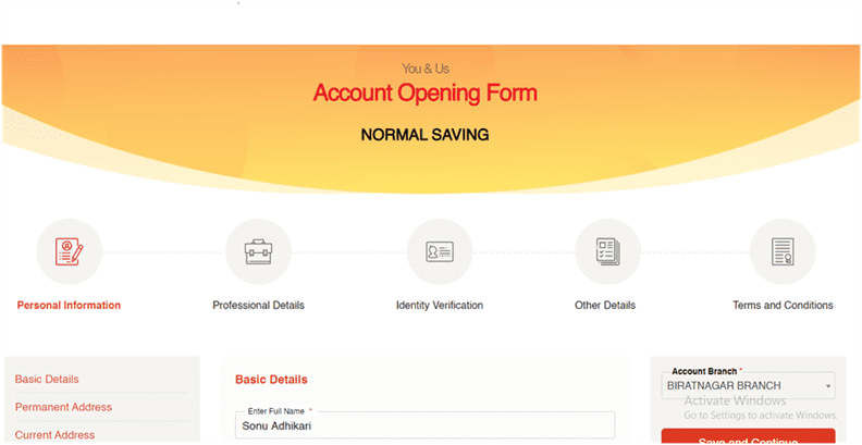 Sunrise Saving Account Form